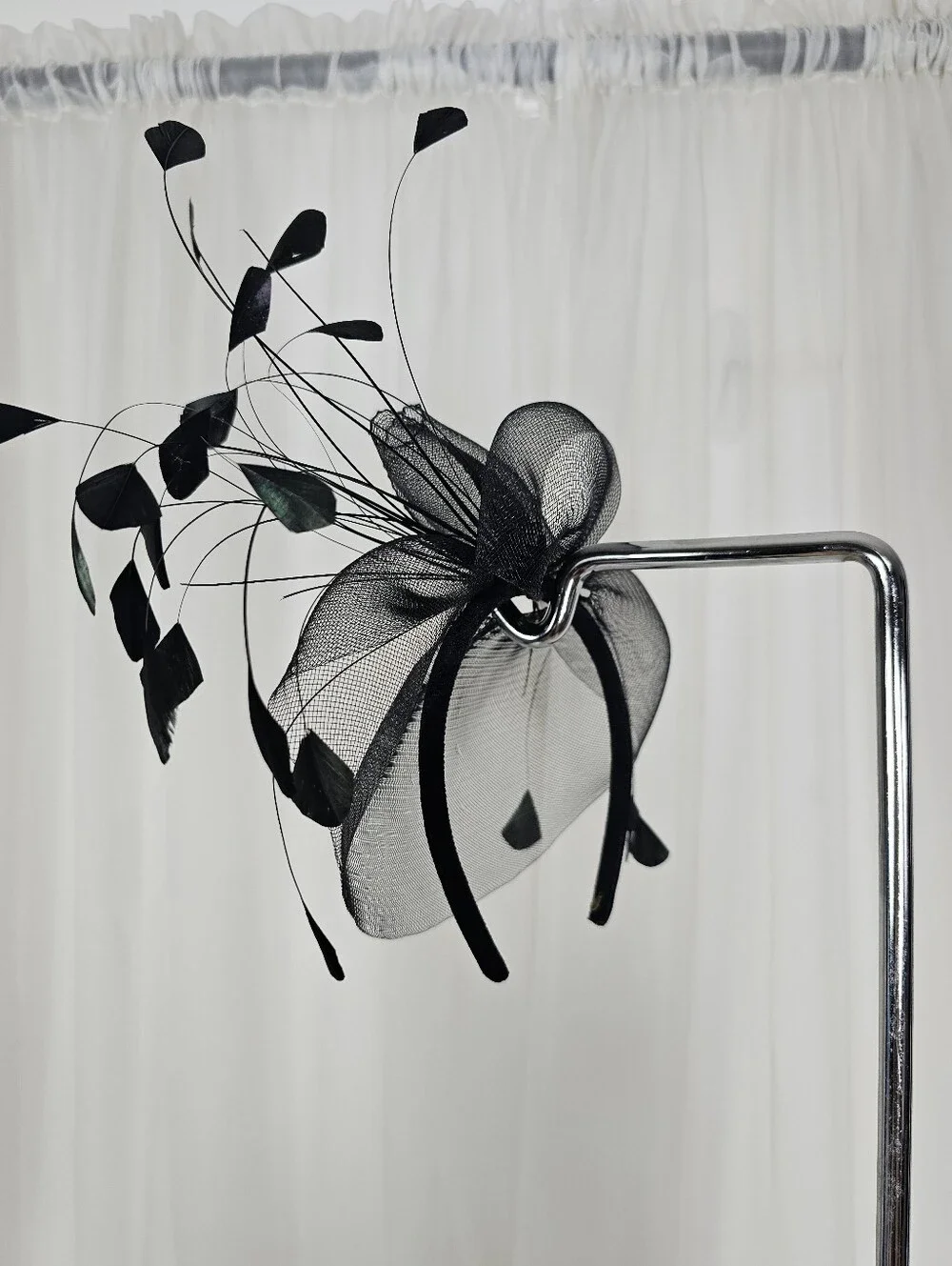 Black Fascinator Headpiece Headband Kentucky Derby Garden Party Mesh Feather